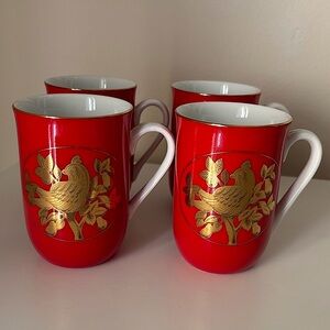 4 Vintage Otagiri Japan Red Gold Partridge in Pear Tree Christmas Coffee Mugs